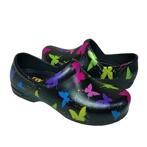 Revel  Anti Slip Light Weight Memory Foam Black Colorful Butterfly Print Clogs 7